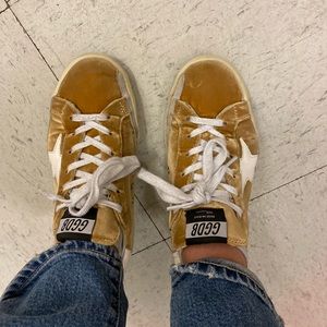 Yellow Velvet Golden Goose Superstars